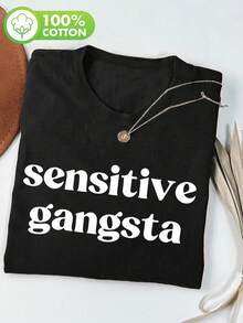 大尺碼女款黑色圓領短袖「Sensitive 」圖案T恤，標準版型高彈力面料上衣，休閒夏季風格 - 黑色 - 查看 2