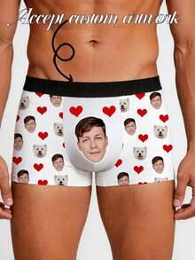 1pc Men's Customized Face Heart Dog Print Elastic Waistband Soft Breathable Stretch Boxer Briefs Daily Underwear - White - View 1