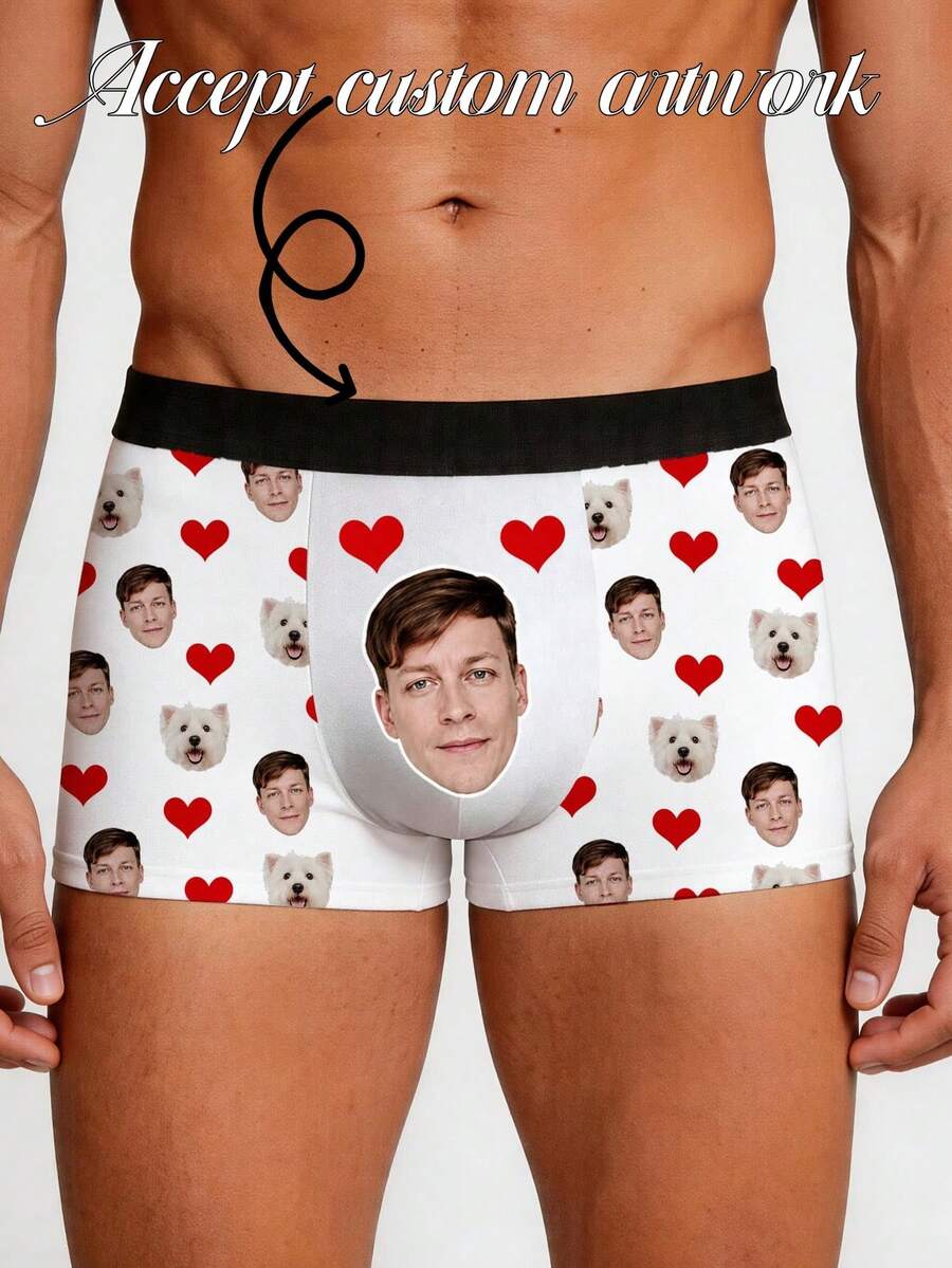 1pc Men's Customized Face Heart Dog Print Elastic Waistband Soft Breathable Stretch Boxer Briefs Daily Underwear - White - View 1