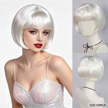 Perruque courte colorée avec frange, pour le port quotidien des femmes, fête de costume d'Halloween, perruque de cosplay anime en cheveux synthétiques lisses, options de dégradé multicolore et de couleur unie (jaune, blanc, marron, vert, or) - Multicolore - Voir 20