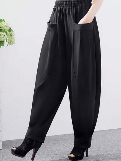 Black Large Pocket Harem Pants Women Loose Slimming Elastic Waist Casual Pants Artistic Big Pocket Pants Women High Waist Drape Loose Carrot Pants Commute Fashion Solid Color Pocket Loose Women High Waist Slim Long Pants