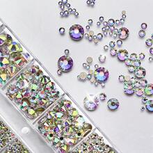 12-Grid Colorful Nail Rhinestone Set, 3D Multi-Size Crystal Rhinestone Nail Art Decorations, Shiny Flat-Back Round Gemstones, AB Color Nail Decoration Rhinestones, DIY Nail Art Supplies - 彩色 - 查看 4