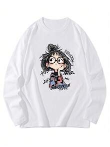 Women's Loose Fashion Versatile Cartoon Little Girl Print Long Sleeve T-Shirt, Spring/Autumn Casual White - White - View 5
