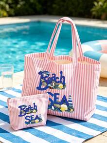 Pink Striped Tote Bag With "BEACH" Shell And Wave Pattern Print, Summer Theme. Large Capacity Striped Handbag And Makeup Bag, Casual Shoulder Bag, Lightweight Shopping Bag, Portable Cosmetic Storage Bag, Suitable For Travel, Shopping, Commuting And Daily Use, Gift For Women, Lovers, Friends, Birthday Gift, Holiday Gift, Party Gift, Vacation Gift, Back To School Gift, Anniversary Gift, Teacher Gift - Multicolor - View 14