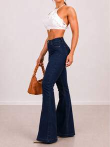 Beige Flare Pants, Carbon Blue Bell Bottoms With Lycra, High-Waisted Women's Pants, Butt-Lifting, Comfortable, Versatile, Casual, Elegant, Country - 碳 - 查看 3