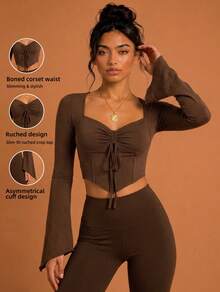 Never me Women's Square Neck Drawstring Waist Long Sleeve Sports T-Shirt, Flared Sleeve Cropped Yoga Fitness Base Layer Top - Brown - View 3