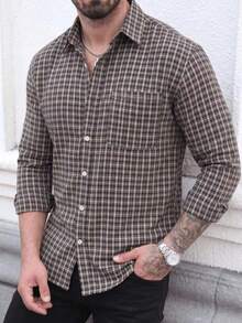 Men's Versatile Business Office Pocket Single-Breasted Plaid Long Sleeve Shirt - Multicolor - View 1