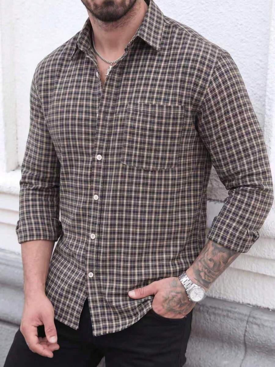 Men's Versatile Business Office Pocket Single-Breasted Plaid Long Sleeve Shirt - Multicolor - View 1