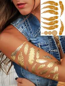 3/1pc Gold Temporary Tattoo Stickers, Gold Freckle Metallic Tattoo Stickers For Women Adults, Waterproof Gold Tattoo Stickers With Feather, Flower, Star, Mandala Patterns, Suitable For Beach, Festival, Music Party - Gold - View 5