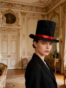 1pc Black & Red Ribbon Extra Wide Foldable Felt Hat, Multi-Functional Black Top Hat, Suitable For Various Occasions - View 3