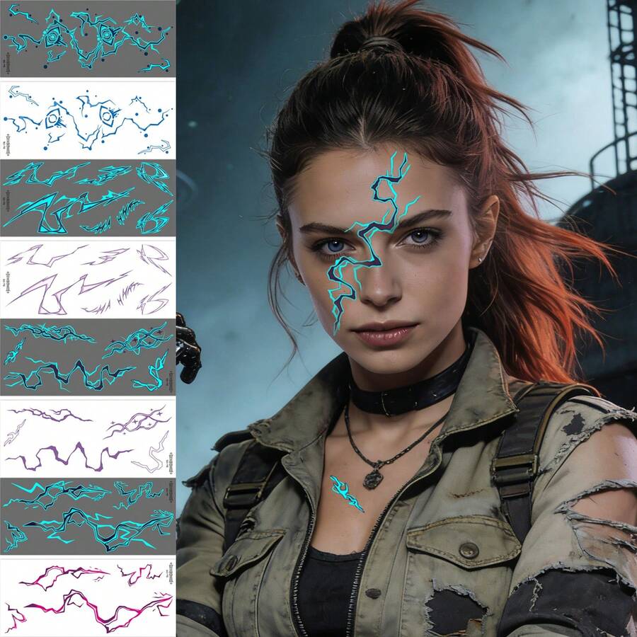 4 Sheets Glow In The Dark Cyber Lightning Face Temporary Tattoo Stickers, Neon Abstract Thunder Line Fake Tattoos, Waterproof Luminous Body Face Stickers For Rave Concert Halloween Cyberpunk Cosplay - Multicolor - View 1