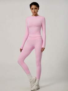 NcmRyu Women's One Set Solid Color Seamless Round Neck Short Sleeve Butt Lifting Tight Cropped Pants Sports Outfit - Pink - View 10