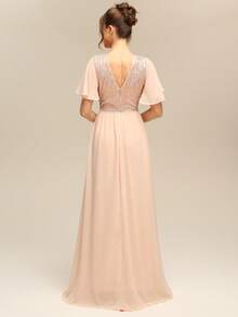 Women's Sequin Patchwork Pleated Elegant Waist Formal Dress Wedding Party - Champagne - View 2