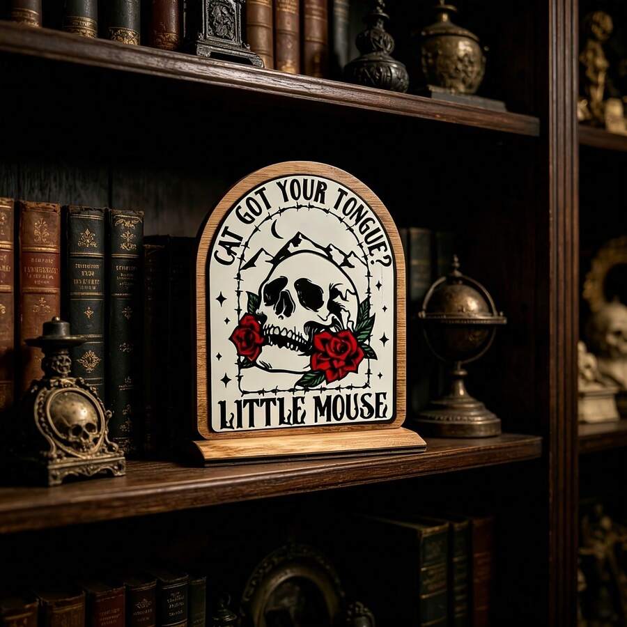 1pc AIDIS Wooden Bookshelf Sign - Vintage Gothic Style With Skull And Rose Pattern, Featuring "Cat Your Tongue" Text. Artificial Wood Desktop Decor, Suitable For Bedroom, Perfect Gift For Book Lovers. - Skull Bookshelf - View 1