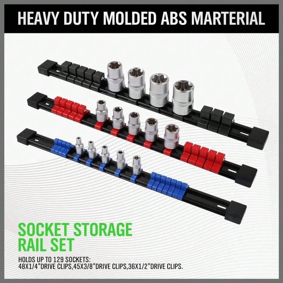 9PCS Socket Rail Storage Holder Organizer Tray Set 1/2" 3/8" 1/4" Wall Mount ABS - A - View 1