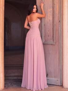 Elegant Women's Strapless Chiffon Maxi Dress With Slit And Pleated Details, Suitable For Formal Occasions And Evening Parties - Pink - View 2