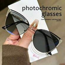 1 pièce Lunettes de mode polyvalentes pour femmes, multifonctionnelles, à strass bicolores, en métal, style œil de chat, changeant de couleur, pour intérieur/extérieur - Or violet/Verres photochromiques - Voir 2