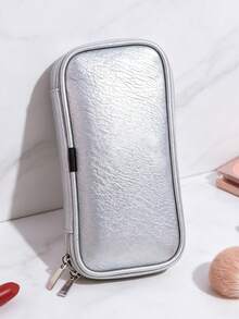 1pc Handheld Makeup Brush Storage Bag, Silver, Double Zipper, Travel Portable, Multi-Compartment, Dust-Proof Makeup Bag (Makeup Brushes Not Included) - Multicolor - View 13
