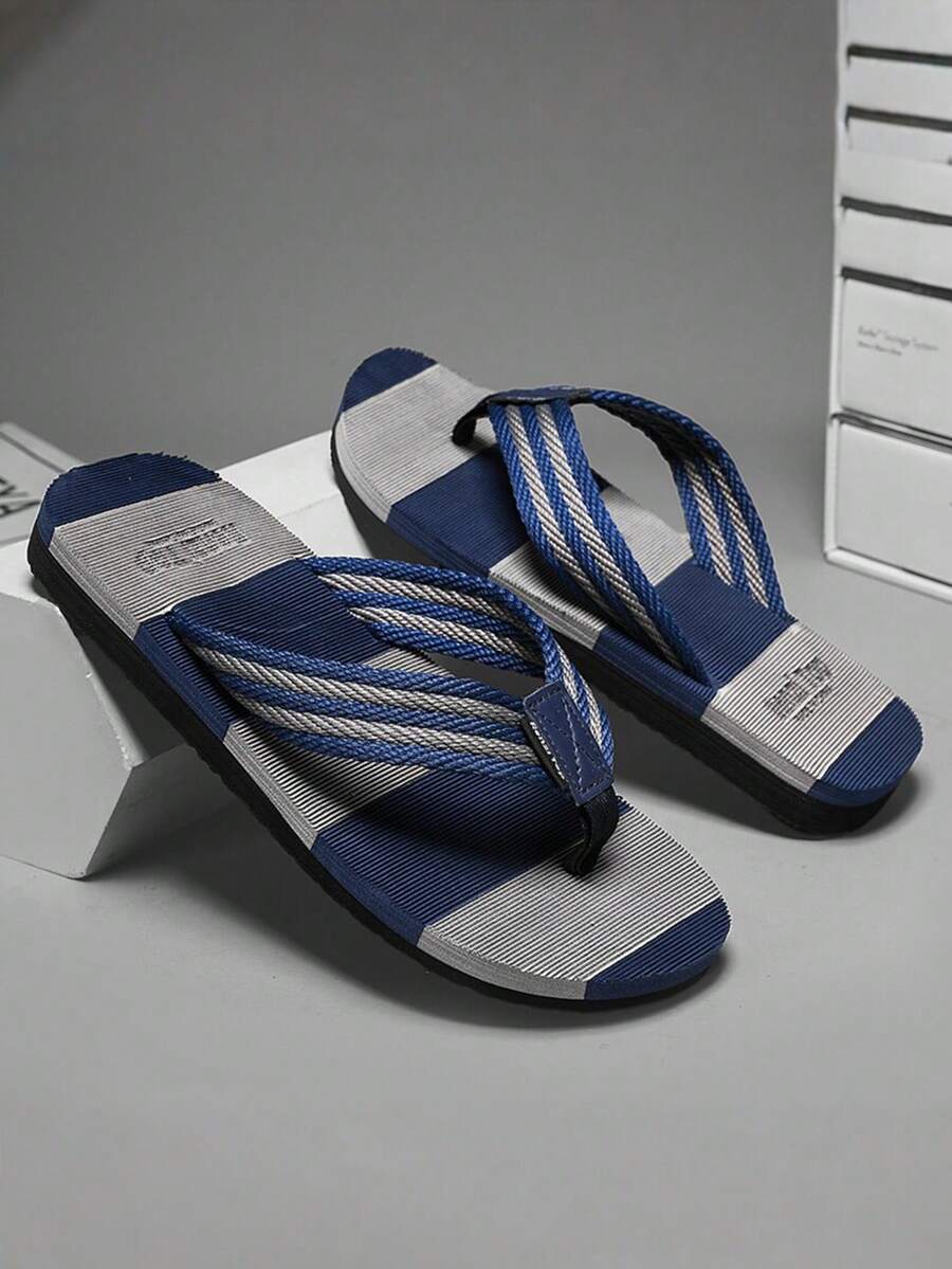 Sandal Jepit Pria Motif Blok Warna-warni Musim Panas, Bernapas/Anti Selip/Nyaman/Tahan Lama, Sandal Kasual Serbaguna untuk Pantai, Liburan, dan Kolam Renang - Biru - View 1