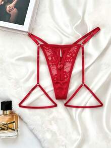 Celana Dalam Thong Renda Wanita dengan Teks Kustom - Dilengkapi Tali yang Dapat Diatur dan Desain Renda Transparan, Pakaian Dalam Hitam Ini Memungkinkan Personalisasi - Burgundy - View 4