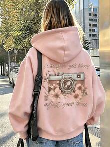 Sudadera con estampado de cámara floral, sudadera casual de otoño/invierno para mujer de talla grande, sudadera rosa para vacaciones - Rosa - Ver 1