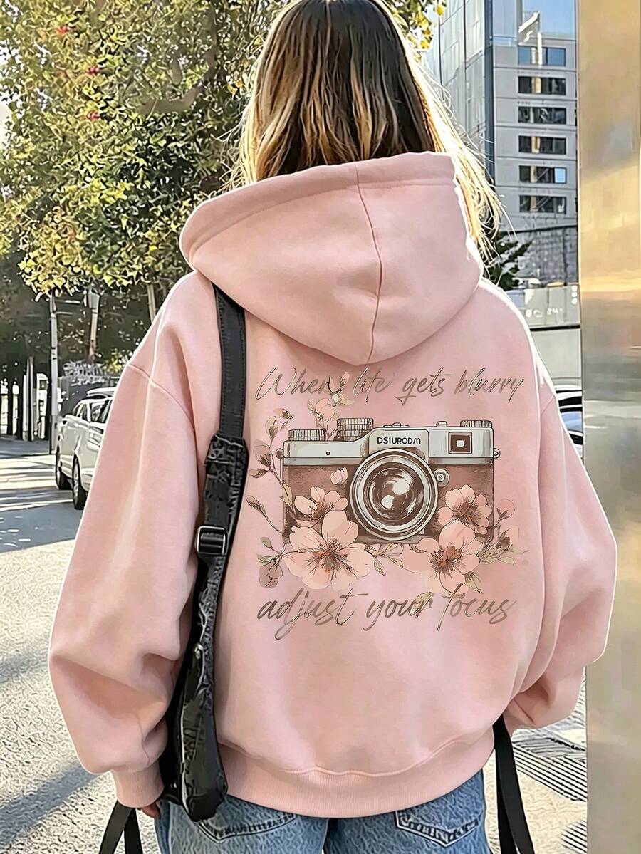 Sudadera con estampado de cámara floral, sudadera casual de otoño/invierno para mujer de talla grande, sudadera rosa para vacaciones - Rosa - Ver 1