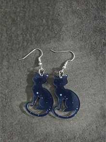1pc Dark Starry Sky Silhouette Sitting Black Cat 2D Flat Acrylic Hook Earrings, Witchy Galaxy Kitten Pattern Pendant Earrings, No Box - Kitten - View 3