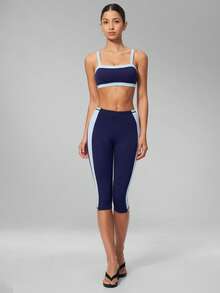 MFVIM Women 2 Pieces Yoga Set, Colorblock Square Neck Camisole Top & High Waist Slimming Capris Anti-Exposure - Navy Blue - View 7