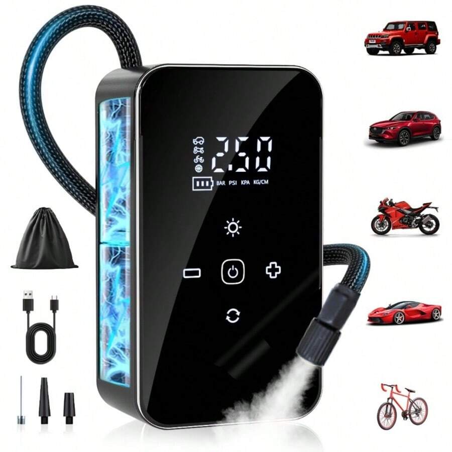 150PSI Fast Car Tire Inflator, Portable Air Compressor Tire Pump - Equipped With LED Light, Pressure Gauge And One-Touch Smart Wireless Design - Suitable For Cars, Motorcycles, Bicycles And Sports Balls, 3x Faster Inflation Speed