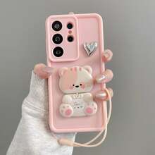 1 Peça Suporte de Espelho Urso da Sorte Fofo DIY Eletroplateado Prata Coração Silicone Corda Curta Escalonada Capa de Telefone [Versão Internacional Não Local] Série Android SX S26Ultra/S25/S24/S23/S22/S21/S20/A57/A37/A27/A17..RYX5C/X5B/X6C/X7C/X8C/A9C VIVOY04/V50/V29E/Y19S/Y39/ CY Transsion Mt Capa Protetora Transparente à Prova de Choque - Rosa chiclete - Visão 4