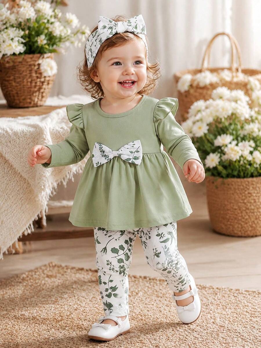 Conjunto de top de manga larga con cuello Peter Pan de unicolor y pantalones largos estampados para bebé niña, otoño/invierno - Verde - Ver 1