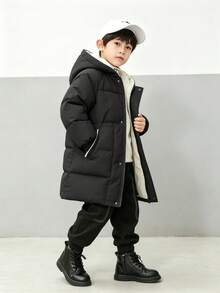 Young Boy Winter Warm Hooded Mid-Length Coat, Suitable For Boys And Girls Of All Ages - Black - View 2