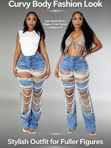 Women's Sexy Tight Elastic Tear Pearl Decoration Jeans Blue Pants-Y2K Streetwear Pants For Party Nightclub & Festival,Going Out,Concert,Back To School - 淺色水洗藍 - 查看 3