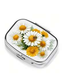 1pc Elegant Yellow & White Daisy Pattern Square Portable Small Pill Box, High-Quality Durable Metal Shell, 2-Layer Storage For Pills, Vitamins And Keepsakes, Pocket Size, Creative Gift - Multicolor - View 3