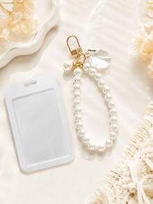 1 Macaron ABS Solid Color Push-Pull Card Holder With Pearl Chain And Pearl Shell Pendant. Student Wristband Card Holder, Student Wristband Women's Card Holder, ID Bus Protective Cover, Student Campus Card Protective Cover - A - View 11