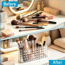 Crystal Makeup Brush Holder Organizer,Makeup Organizers Countertop | 3-Compartment Comb Brushes Pen Pencil Storage Box Container For Vanity, Desktop, Bathroom - Crystal Pattern Transparent - View 4