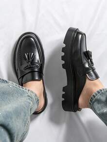 Black Tassel Loafer Mule Half-Slip-On Men's Backless Slip-On Shoes With Thick Serrated Platform Sole, Invisible Height Increase, British Street Style Spring/Summer Commute Versatile Slouchy Outdoor Sandals - Black - View 10