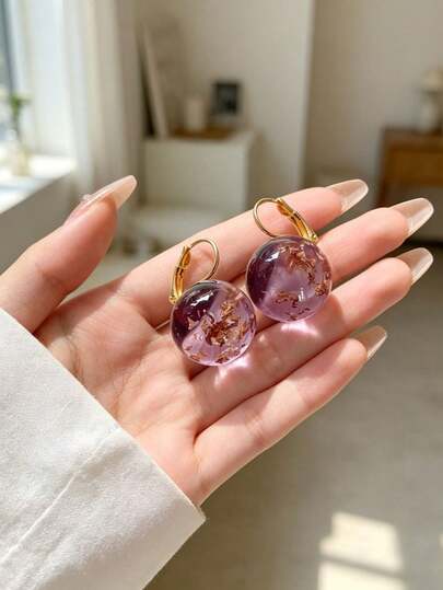 1 đôi bông tai nhựa resin tím bán trong suốt dát lá vàng, phù hợp làm quà tặng Valentine, sinh nhật, chụp ảnh du lịch