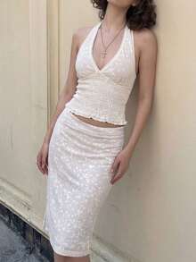 Top Dazzle Chic Women's Knitted Halter Top With Deep V Neck And Backless Design, Short Length - White - View 1