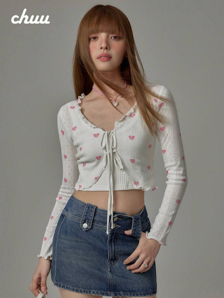 Jaket Pendek Wanita Motif Hati dan Huruf CHUU Musim Gugur Manis Keren dengan Ruffle Berongga dan Tali Pengikat - Putih - View 1