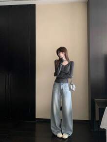 Atasan Rajut Lengan Panjang Model Slim Fit Gaya Korea untuk Wanita, Lengan Raglan Berenda, Musim Semi/Panas - Dark Grey - View 7