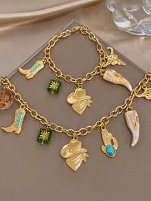 Western Cowboy Stainless Steel Necklace Bracelet For Men Women,Vintage Turquoise Boot Beads Charms Gold Jewelry Set,Party/Christmas/Vacation/Boho - Multicolor - View 10