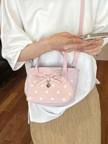 甜美蝴蝶結波點水桶包 女款手提包 2026新款時尚百搭斜挎包 - 粉色 - 查看 5
