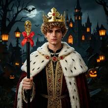 Coroa de Rei com Cruz de Rubi em Prata & Ouro, Conjunto de Cetro com Caveira de Prata, Adereços de Festa de Fantasia Real de Halloween, Acessórios para se Vestir - Multicolorido - Visão 2