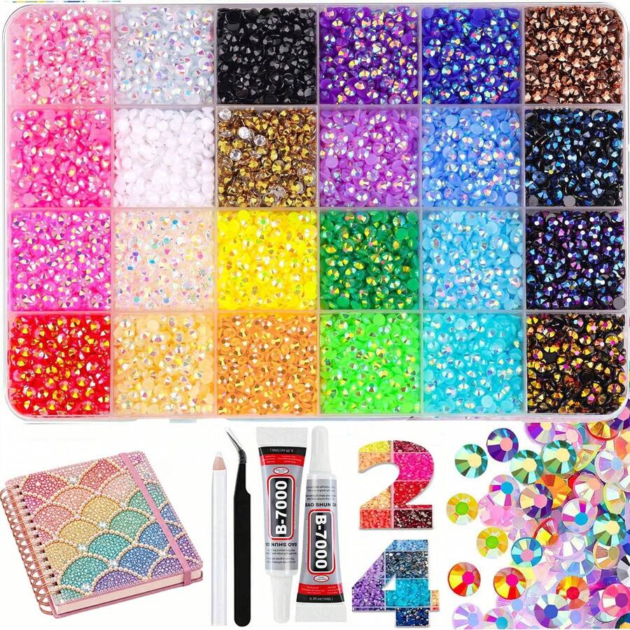 24 Colors Transparent Resin Rhinestone Set, Multi-Color Rhinestones With Precision Tweezers And DIY Glue, Suitable For DIY Fashion Accessories, Cups, Book Diamond Decoration - Sparkling Craft Materials, Diamond Painting, Colorful Set - View 1