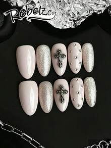 10pcs Handmade Press-On Nails, Medium Almond Shape Mirror Nude Color Fake Nails, Vintage Y2K Style, Silver Glitter, Metal Cross & Mini Rhinestone Decor, Easy To Apply Nail Supplies, Travel Essential, Suitable For Party & Wedding. Cute Nails, Summer Manicure. French Manicure. Pink Nails, Halloween Manicure Handmade Acrylic Nails, Back To School Manicure, Handmade Nail Stickers - Baby Pink - View 3