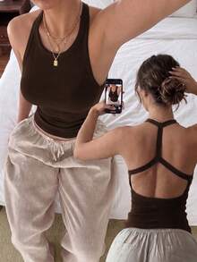 Casual Home Daily Versatile Fashion Solid Color Backless Slim Fit Flattering Camisole Tank Top Outdoor Vacation Beach Party Casual Blouses For Women, Summer Tops, Vacation Outfits For Women, Going Out Tops For Women, Beach Outfits - Brown - View 3