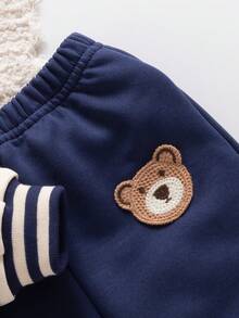 Spring/Autumn Boys' College Style Bear Baseball Jacket 2-Piece Set, Colorblock Raglan Long Sleeve With Cream Contrast Striped Collar, Cuffs And Hem, Matching Same-Color Elastic Cuffed Sweatpants, Suitable For School, Sports, Outings And Preschool, Cute Casual Outfit For Toddlers And Young Children - Royal Blue - View 8