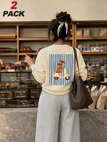 2pcs/Set Girls Outfit, Cream Cartoon Dog Print Sweatshirt + Striped Wide Leg Pants, Soft Fabric, Cute Casual Style - Apricot - View 10