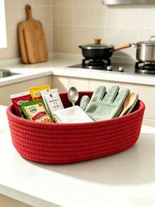 3件組 1個紅色橢圓形手工編織收納籃 波西米亞風繩編籃 適用於廚房、浴室、多功能房、臥室、客廳、宿舍、書桌或梳妝台，適合居家裝飾、零食收納或作為節日禮品籃 - 紅色 - 查看 9